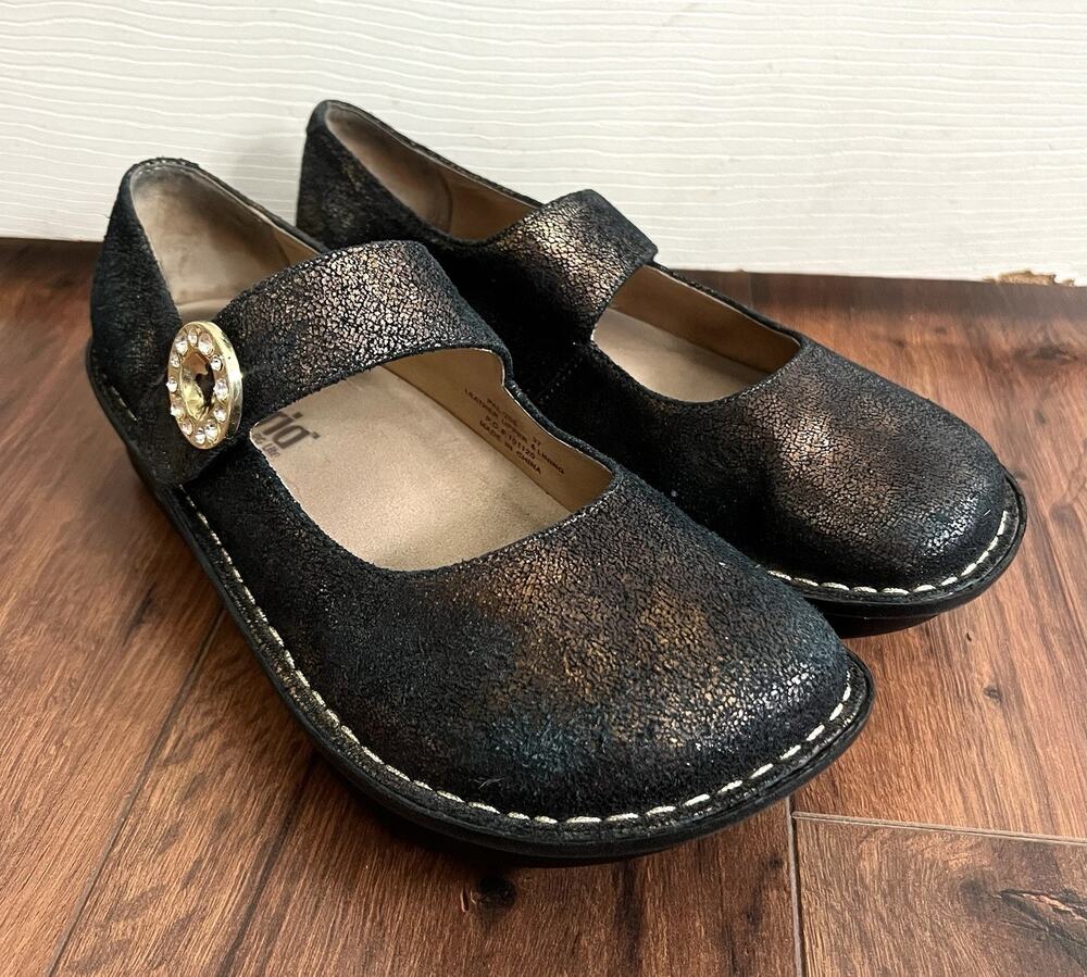 ALEGRIA Paloma Black Gold Metallic Sparkle Leather Mary Jane Comfort Shoes Sz 37